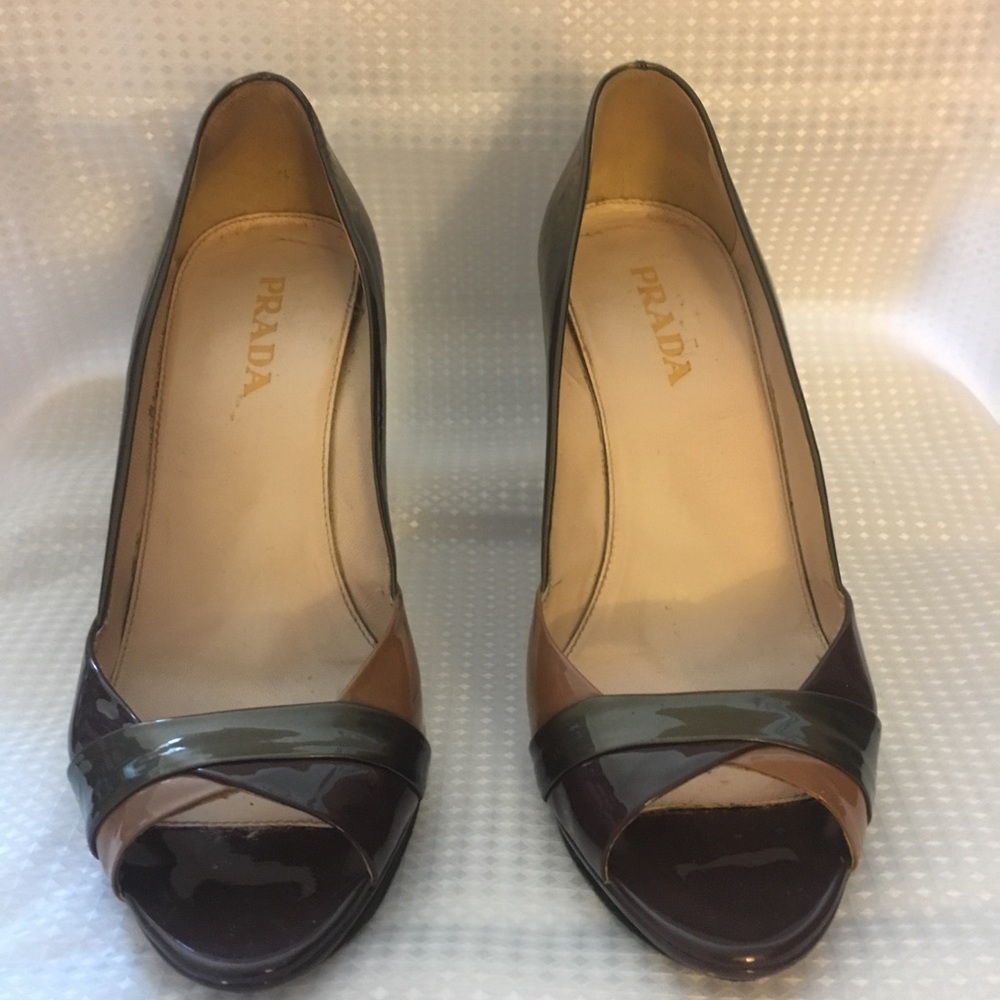 Prada multi-colored patent leather open-toe heels